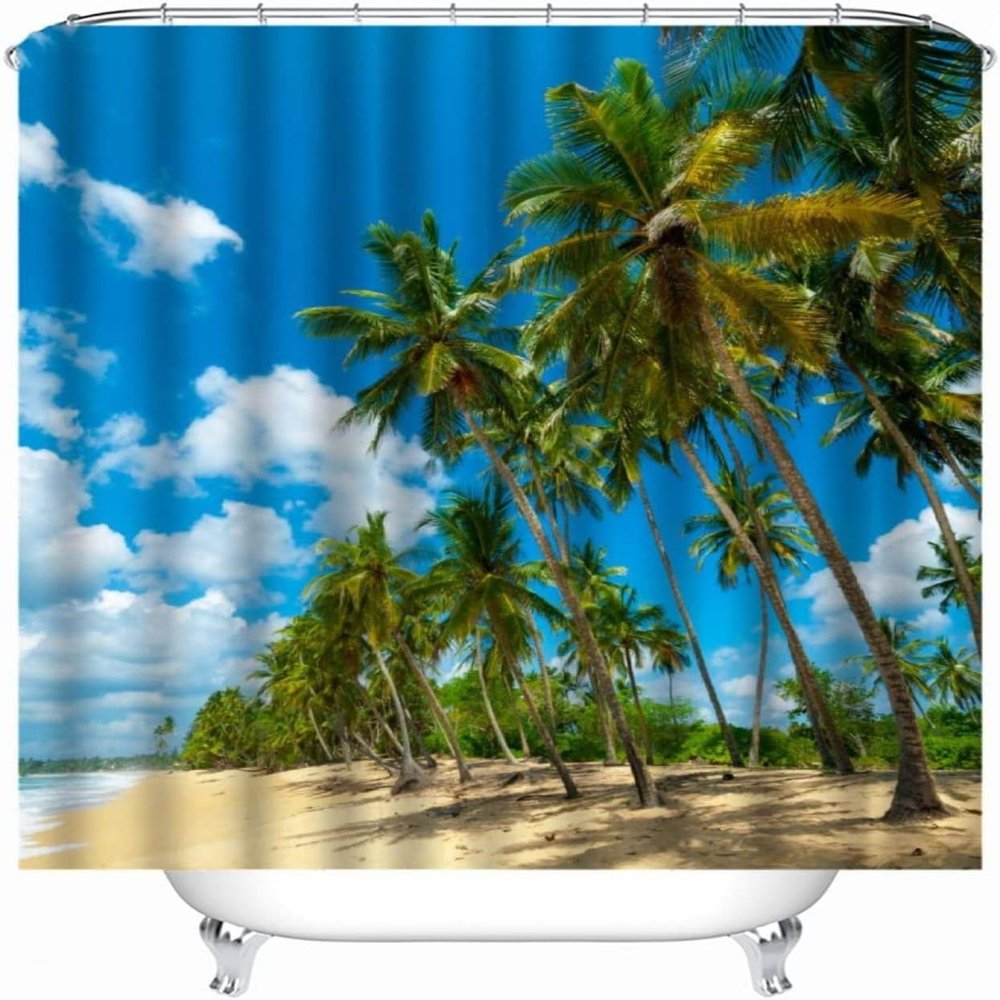 INAAYO 3D Shower Curtain, 120 x 200 cm, Ocean View, Waterproof, 8 Rings