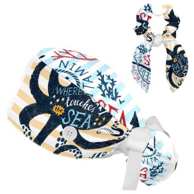 Octopus Adjustable Women's Work Cap with Bow Hair Tie, Bouffant Hat with Buttons, Multicolor 14, M/L