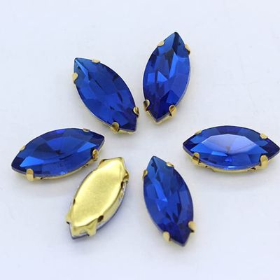 4–32 mm Sew-On Horse-Eye Rhinestones, Gold Prong Marquise Shapes, Sapphire, 6 × 12 mm, 20 Pieces