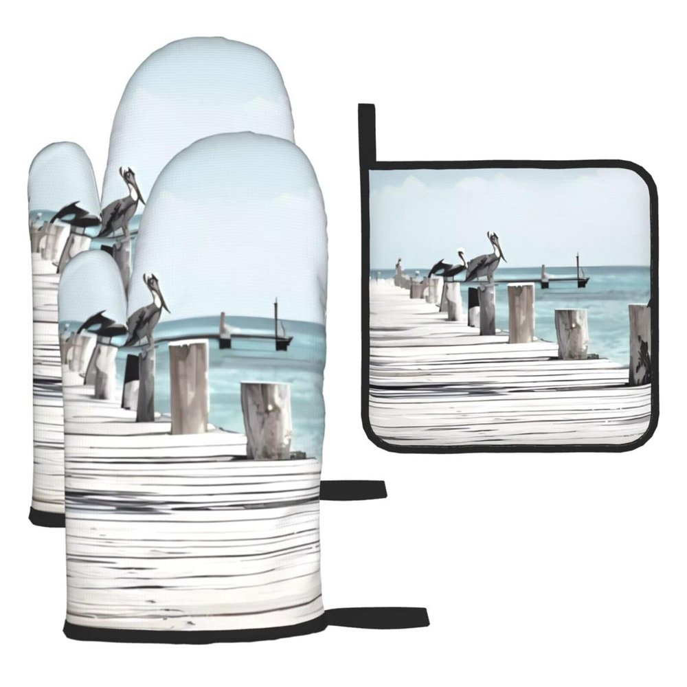 Pelican on Wood Bridge Oven Mitts & Pot Holder Set, 3-Piece
