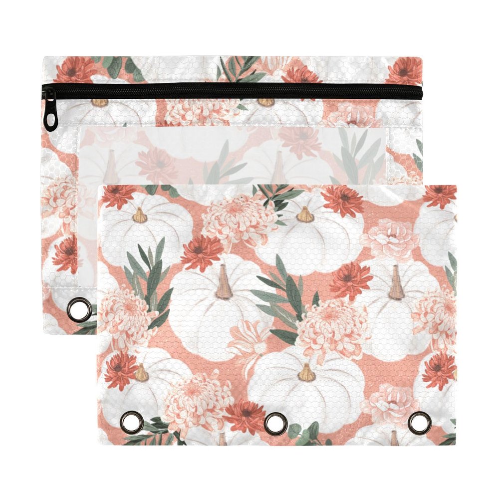 Pink Dahlias White Pumpkins 3-Ring Binder Pencil Pouches, 2-Pack