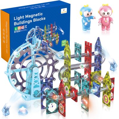CELMAN Magnetic Building Blocks, 120 Pieces with Marble Run Accessories