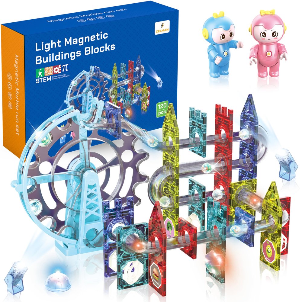 CELMAN Magnetic Building Blocks, 120 Pieces with Marble Run Accessories