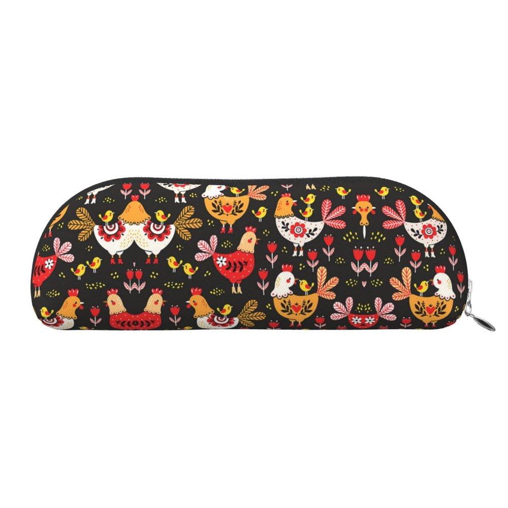 UNIOND Cute Rooster and Chicken Printed Leather Pencil Case, Silver