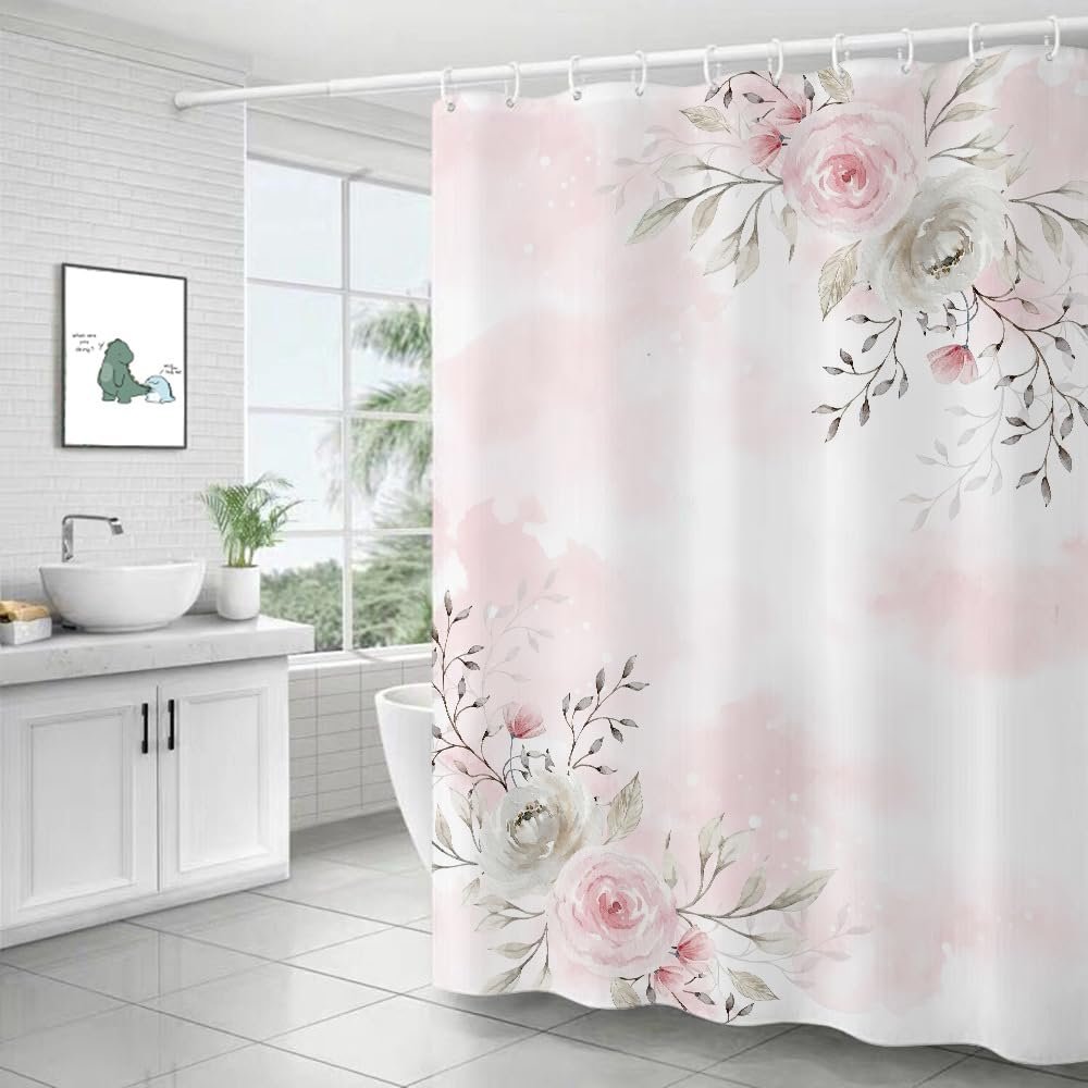 Shower Curtain with 12 Hooks, Pink Tropical Leaf, 180 x 180 cm