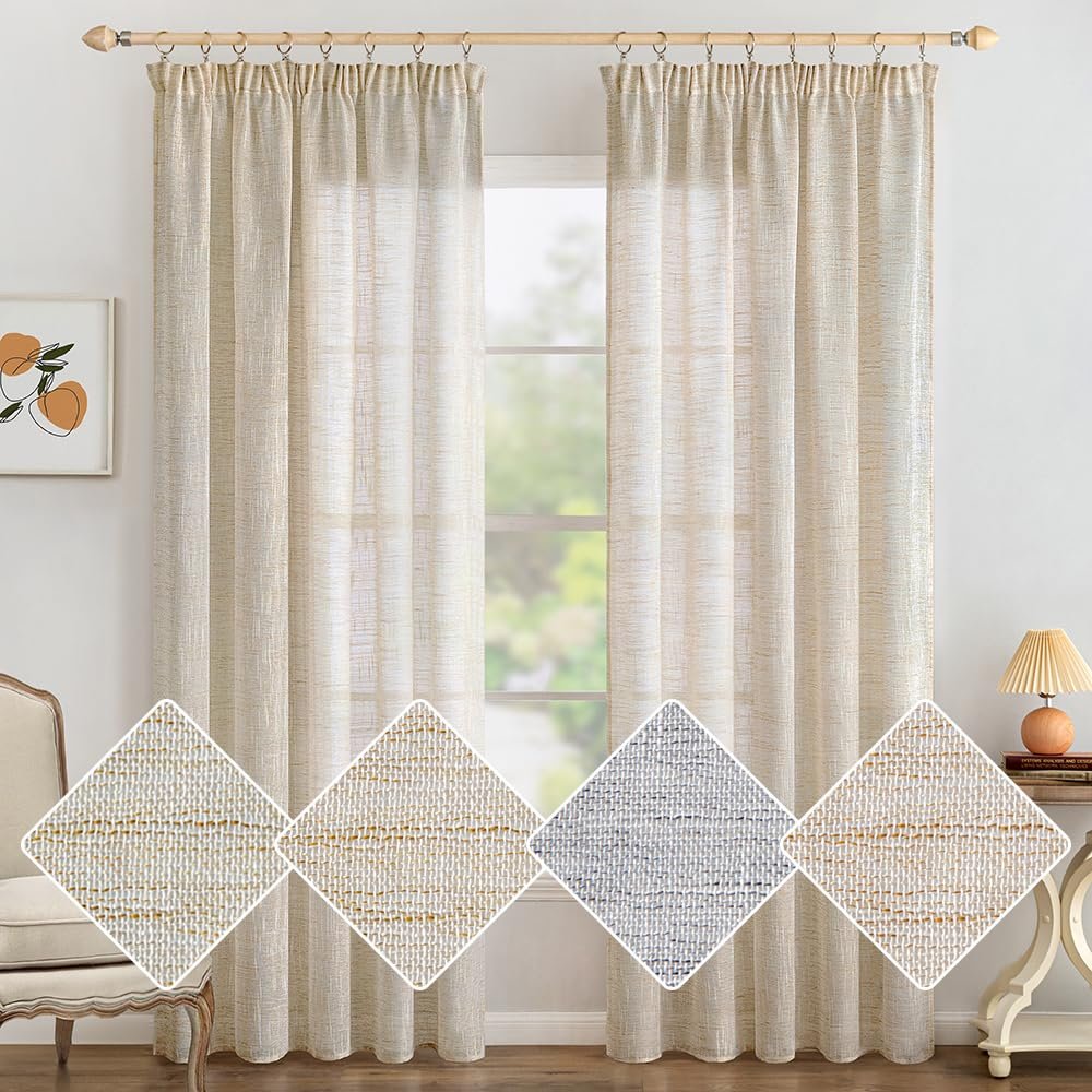 MIULEE Curtains with Pleat Tape, Linen Look, 140 x 145 cm, Brownish White, 2-Pack