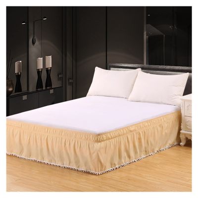 Solid Bed Skirt with Tassels, Elastic Bed Cover Without Top Panel, Beige, King 198 × 203 × 40 cm