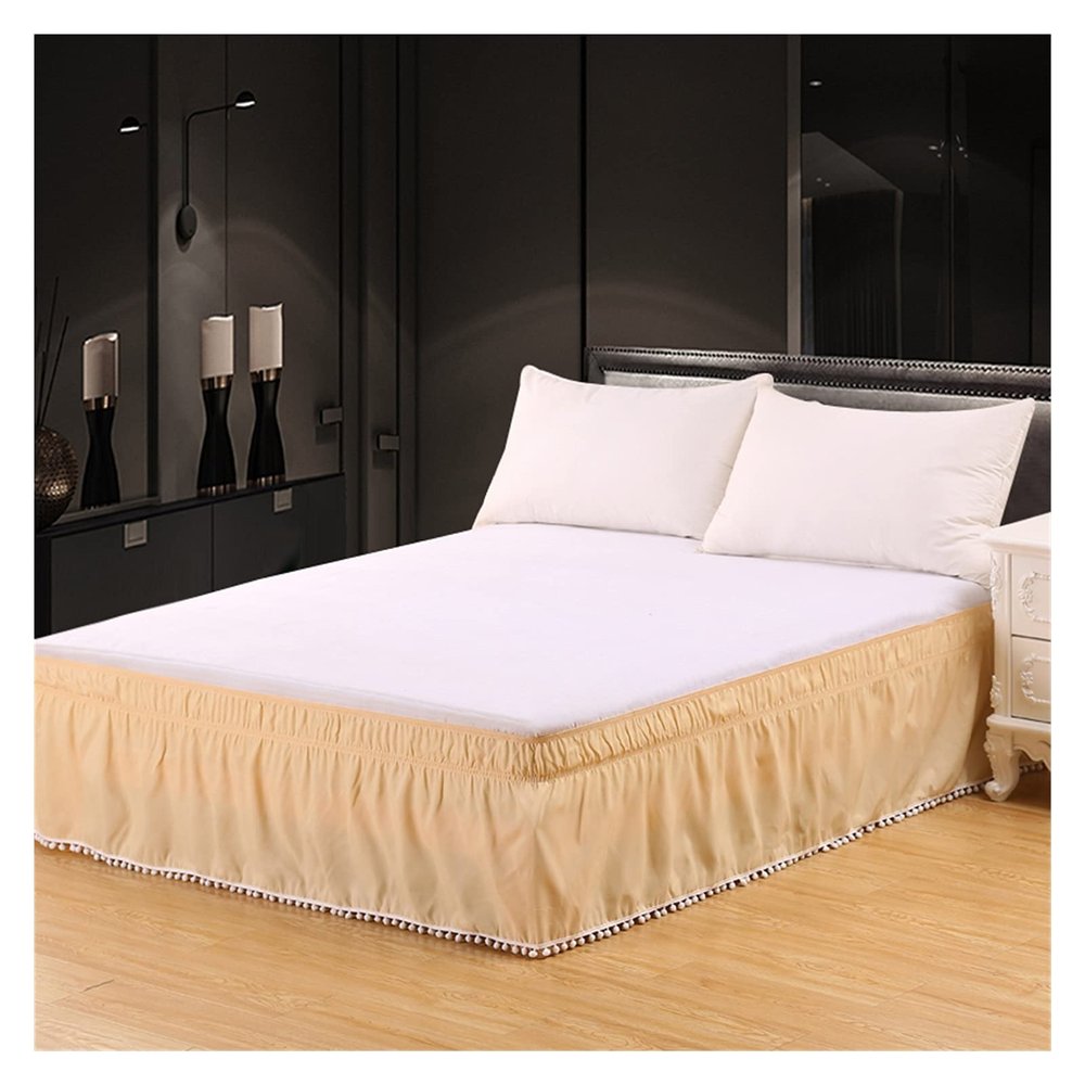 Solid Bed Skirt with Tassels, Elastic Bed Cover Without Top Panel, Beige, King 198 × 203 × 40 cm