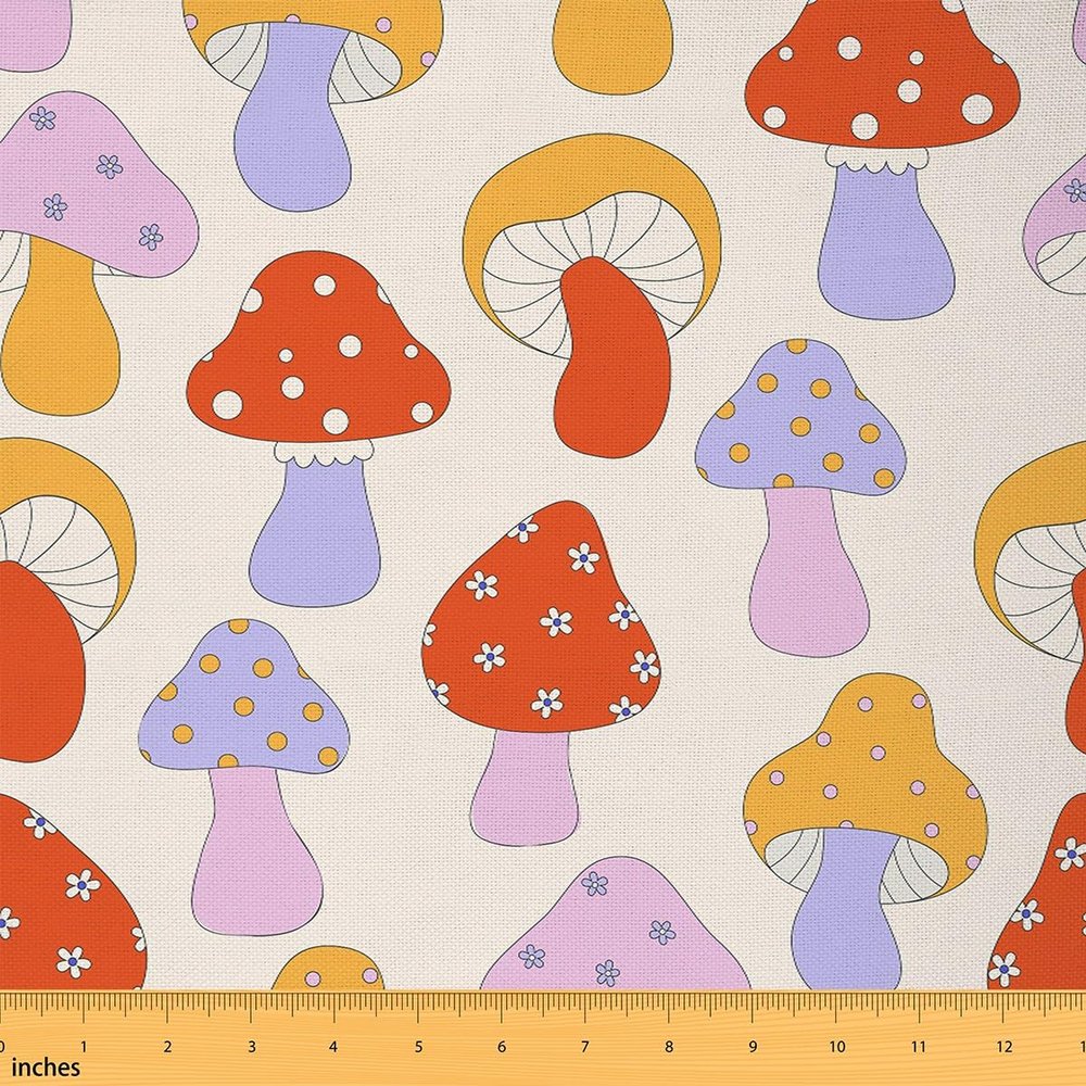 Watercolor Mushroom Fabric by the Yard, Cartoon Flowers, DIY Craft Fabric