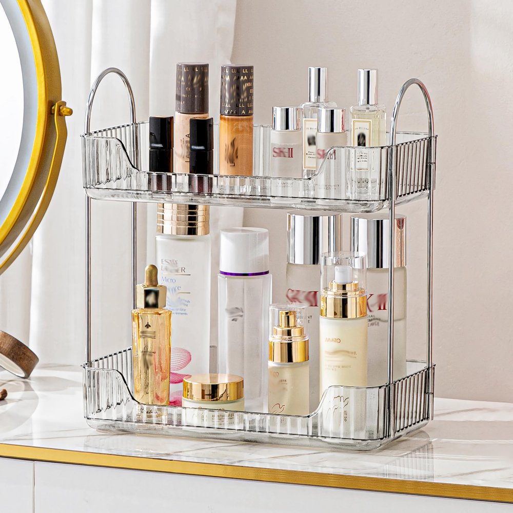 Makeup Organizer for Vanity, Transparent Cosmetic Storage with Lipstick and Brush Holders