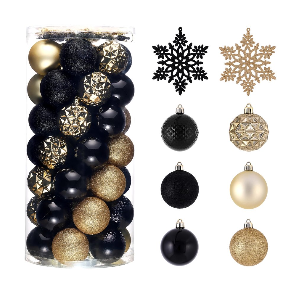 Valery Madelyn Christmas Ornament Set, 50 Pieces, 6.9 cm, Black and Gold, Shatterproof