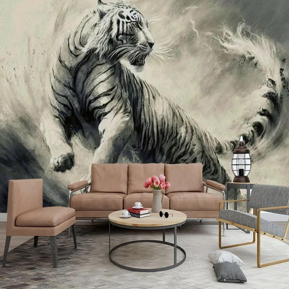 3D Effect White Tiger Chinese Ink Style Nonwoven Photo Wallpaper, 200 cm W x 140 cm H