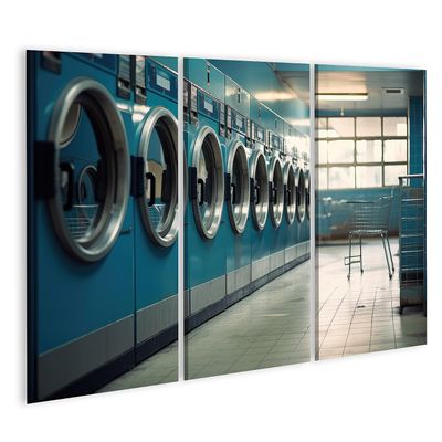 islandburner Canvas Wall Art, AI Washing Machine Laundromat Series, 3-Piece Panorama Set, JBCF-3P
