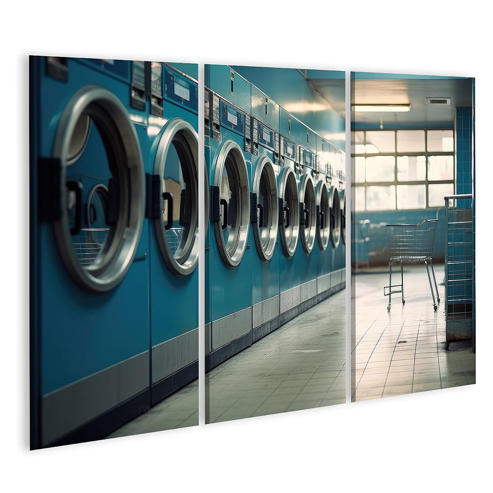 islandburner Canvas Wall Art, AI Washing Machine Laundromat Series, 3-Piece Panorama Set, JBCF-3P