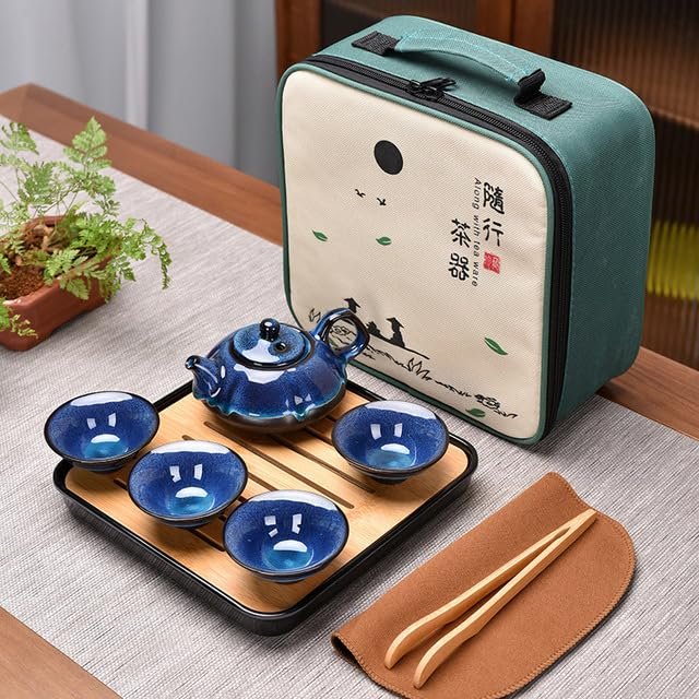 UANGLI Portable Chinese Kung Fu Ceramic Tea Set with Gaiwan, Teapot, Cups and Travel Bag