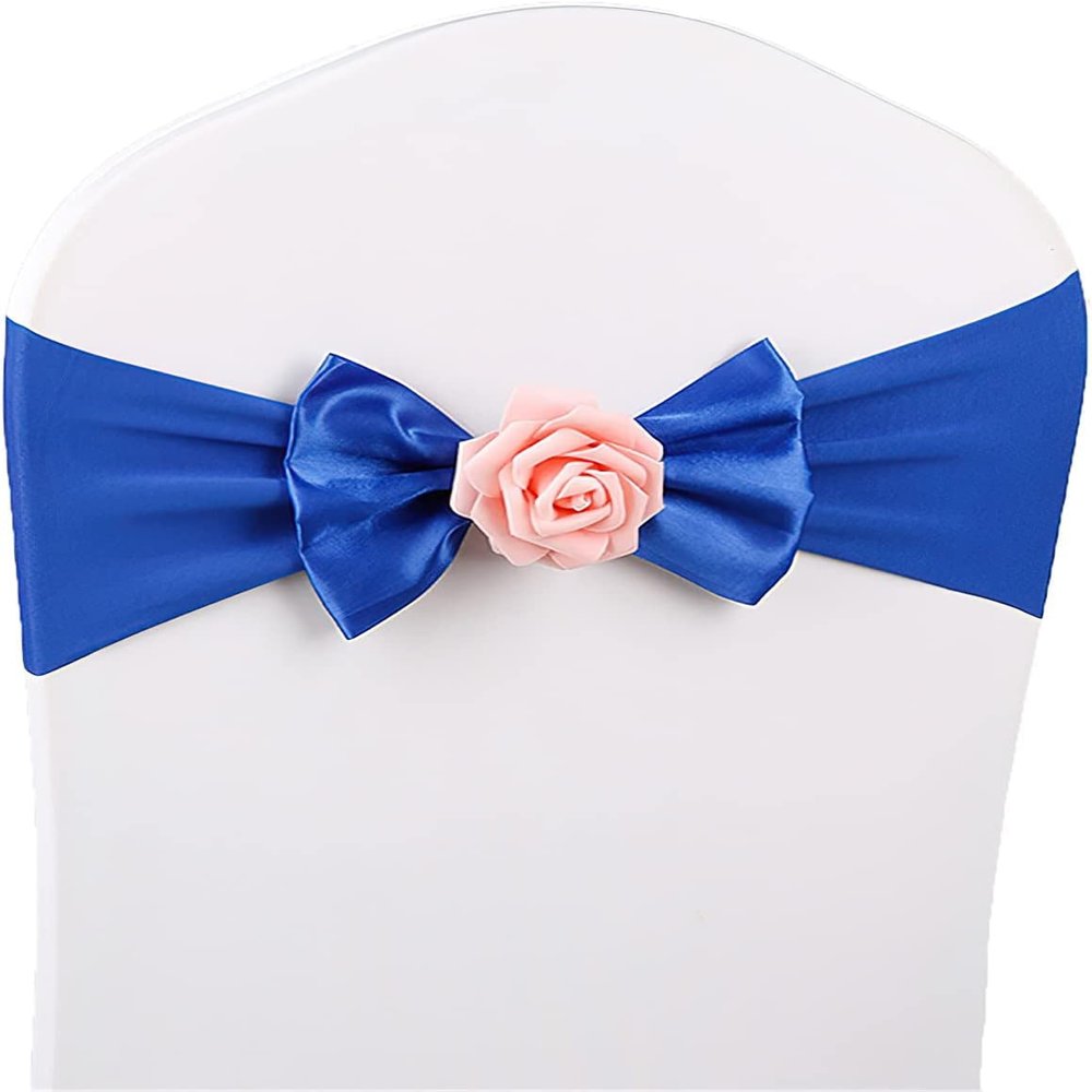 Chair Cover Bow Bands, Spandex Chair Sashes with Rose Balls, Artificial Wedding Chair Sashes, Wedding Chair Bows, Party, Red, 50 Pieces (Color: Royal Blue, Size: 10PCS)