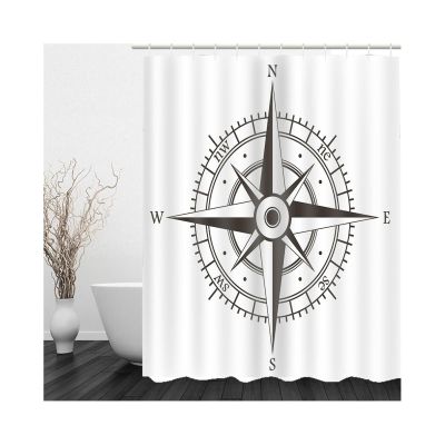 Stfery Washable Fabric Shower Curtain, Gray Black White Nautical Compass, 180 x 200 cm