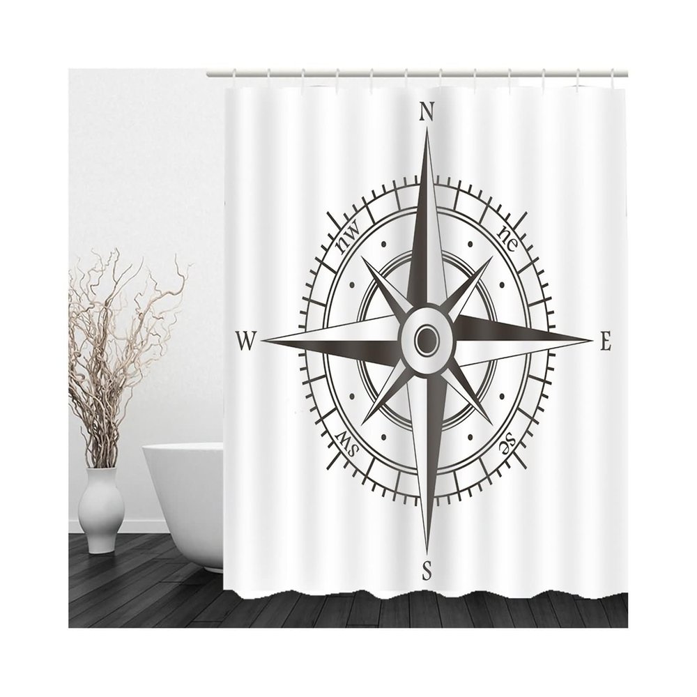 Stfery Washable Fabric Shower Curtain, Gray Black White Nautical Compass, 180 x 200 cm