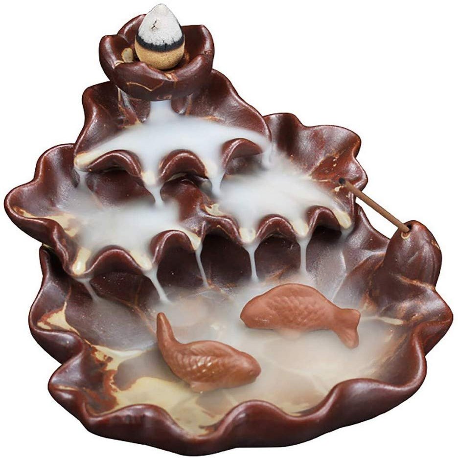 Feng Shui Waterfall Decor Statue, Ceramic Backflow Incense Holder with Cones