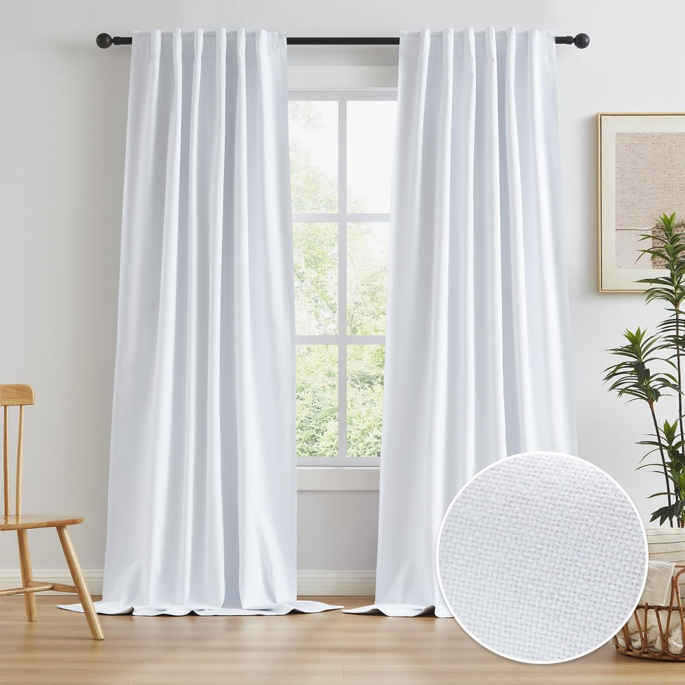Keqiaosuocai Linen-Look Blackout Curtains, Extra Long, Thick, Customizable, 127 x 320 cm, White