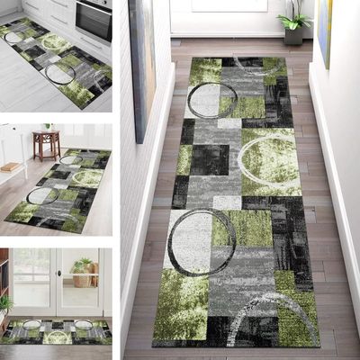 Long Hallway Runner Rug, Non-Slip, Washable, Gray/Black/Green, 110 x 450 cm