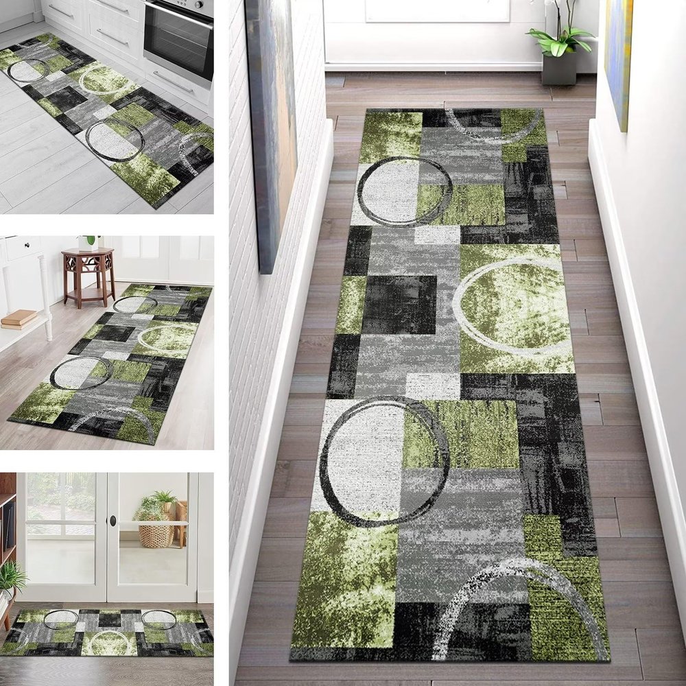 Long Hallway Runner Rug, Non-Slip, Washable, Gray/Black/Green, 110 x 450 cm