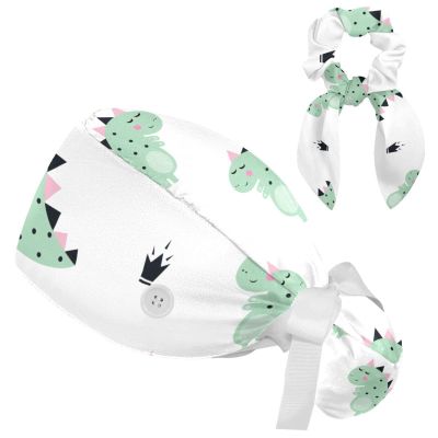 HOHODIY Dinosaur Adjustable Scrub Cap with Buttons, Sweatband with Bow, Hair Tie for Women, Multicolor 08, M/L