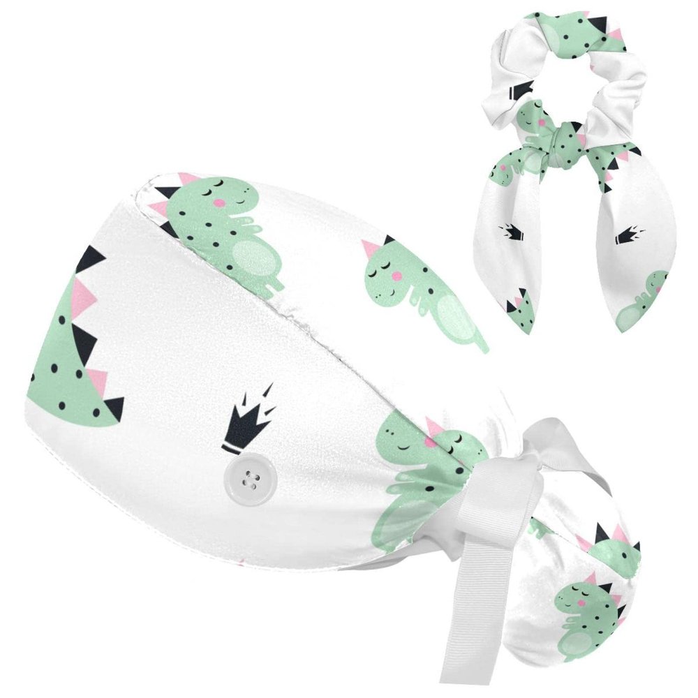 HOHODIY Dinosaur Adjustable Scrub Cap with Buttons, Sweatband with Bow, Hair Tie for Women, Multicolor 08, M/L