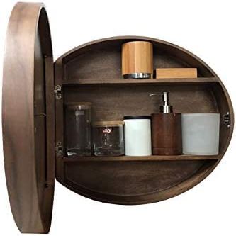 Round Wall-Mounted Bathroom Mirror Cabinet with Wooden Frame, 3-Shelf Medicine Cabinet, Fully Assembled, Yellow, 60 cm (Brown, 50 cm)