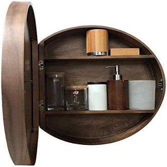 Round Wall-Mounted Bathroom Mirror Cabinet with Wooden Frame, 3-Shelf Medicine Cabinet, Fully Assembled, Yellow, 60 cm (Brown, 50 cm)