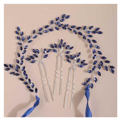 yaoqijie Bridal Blue and Red Rhinestone Headband with Hairpins, Crystal Wedding Headpiece