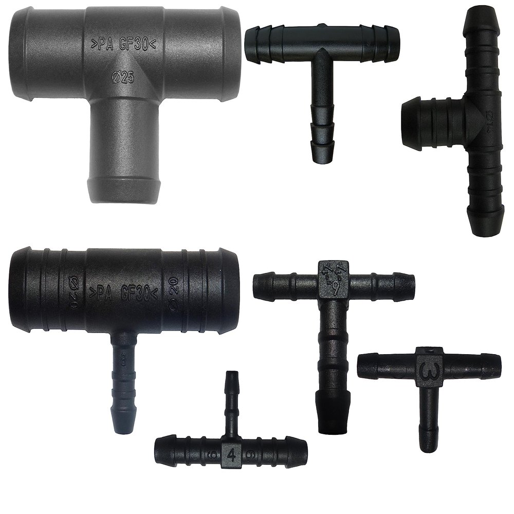 T Hose Connector, Selectable from 3 to 32 mm, Reducing Type, PA GF30, T-Piece (5, 25 x 25 x 25 mm)