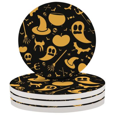 Halloween Icon Coasters for Drinks, Absorbent Ceramic, 4-Piece Set with Cork Base
