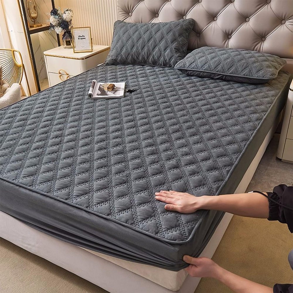 YUDEYU Quilted Fitted Sheet Mattress Protector, Dark Gray, 135 x 200 cm, 5–25 cm Height