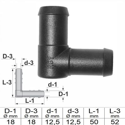 1, 2, 3, 5, or 10 pcs. 18 mm PA GF30 angled hose connectors (5)
