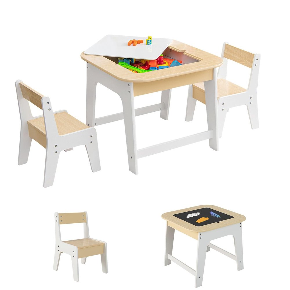 LIFEZEAL Kids Table and 2 Chairs Set with Double-Sided Drawing Board and Storage