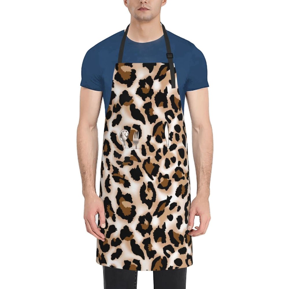 FURLOU Leopard Print Waterproof Apron with 2 Pockets, Adjustable, Black, One Size