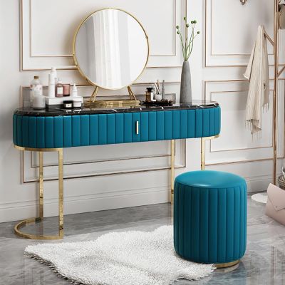 MZQMK Vanity Table Set with Mirror, Drawer, and Stool – Blue, 1.2 m