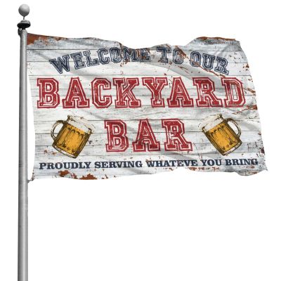 Dsoluuing Cool Dorm Flags, Welcome to Our Backyard Bar, Proudly Serve Whatever You Bring Flag, Backyard Bar Decor (Green, 60 x 90 cm)