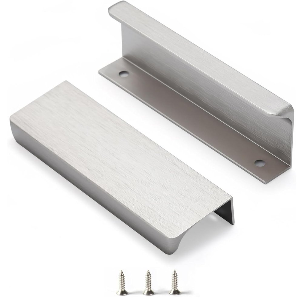 Satanga Edge Nickel Finger Pulls for Cabinets, Aluminum Flat Hidden Back-Mount Handles, 10-Pack, 3-3/4-Inch Hole Center