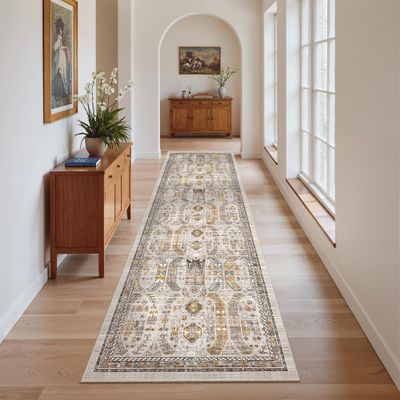 Madane Kitchen Runner, 5 x 17.8 cm, Rubber-Backed, Non-Slip, Vintage, Washable, Ultra-Thin (60 x 180 cm, Brown/Gold)