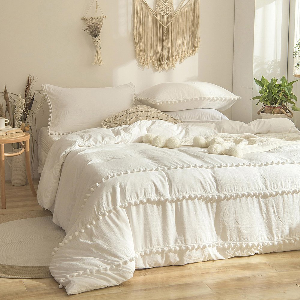 Yaofeiou Vintage Boho 4-Piece Duvet Cover Set, 135 x 200 cm, White
