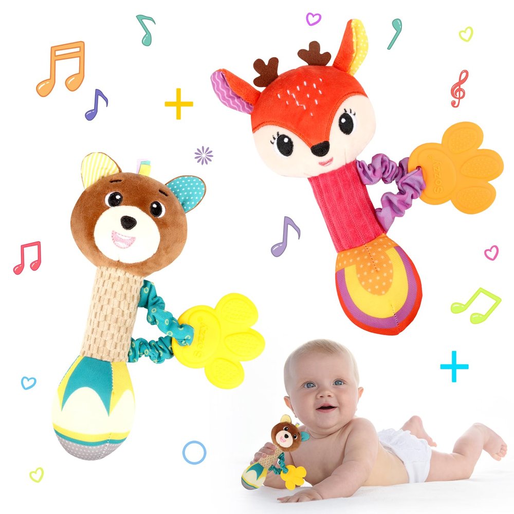 Venditer 2-Pack Baby Rattles, 0–12 Months, Fox and Elephant