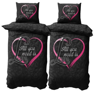 Leonado Vicenti 4-Piece Microfiber Partner Bedding Set 155x200 cm, Black with Pink Heart and Love Print, Zipper Closure