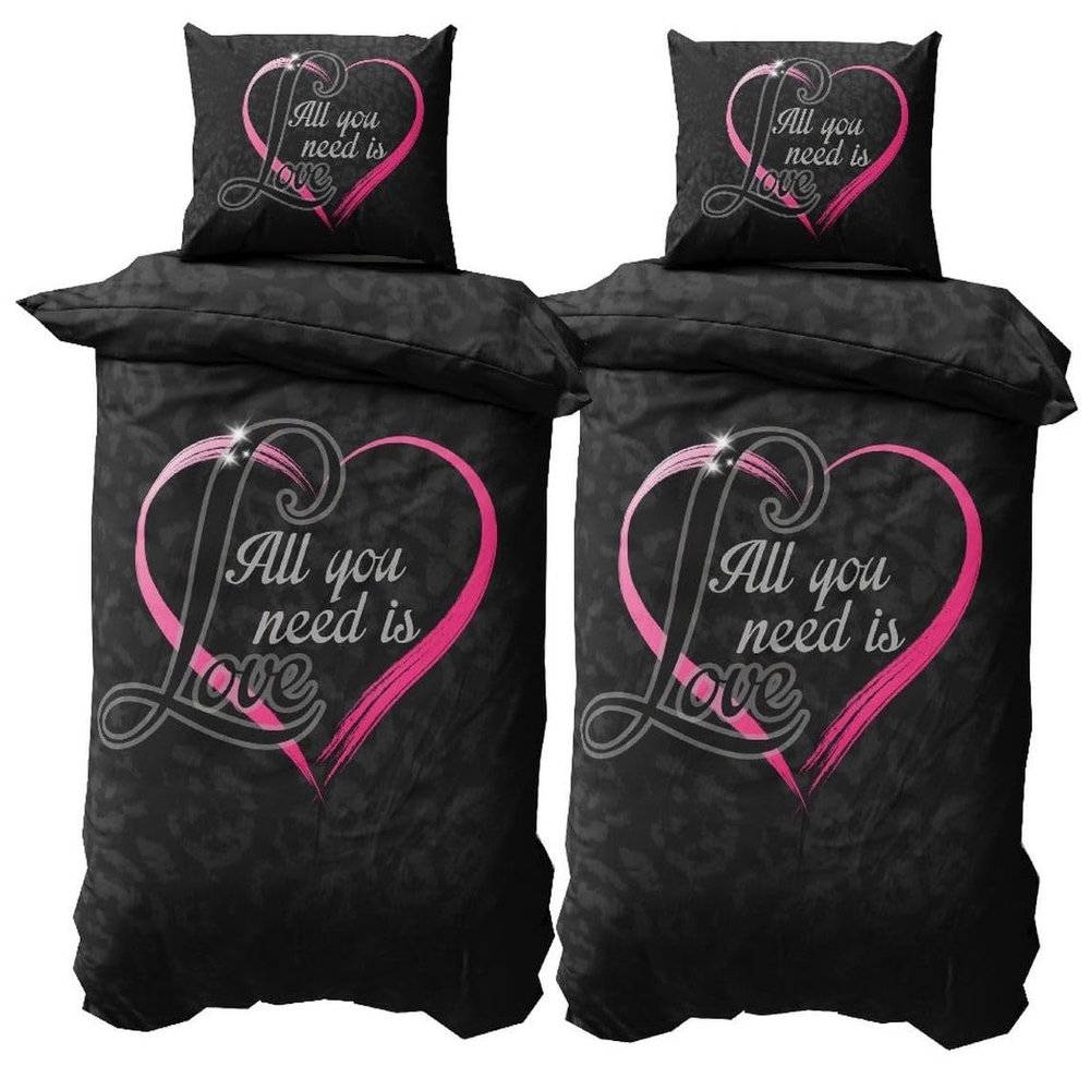 Leonado Vicenti 4-Piece Microfiber Partner Bedding Set 155x200 cm, Black with Pink Heart and Love Print, Zipper Closure