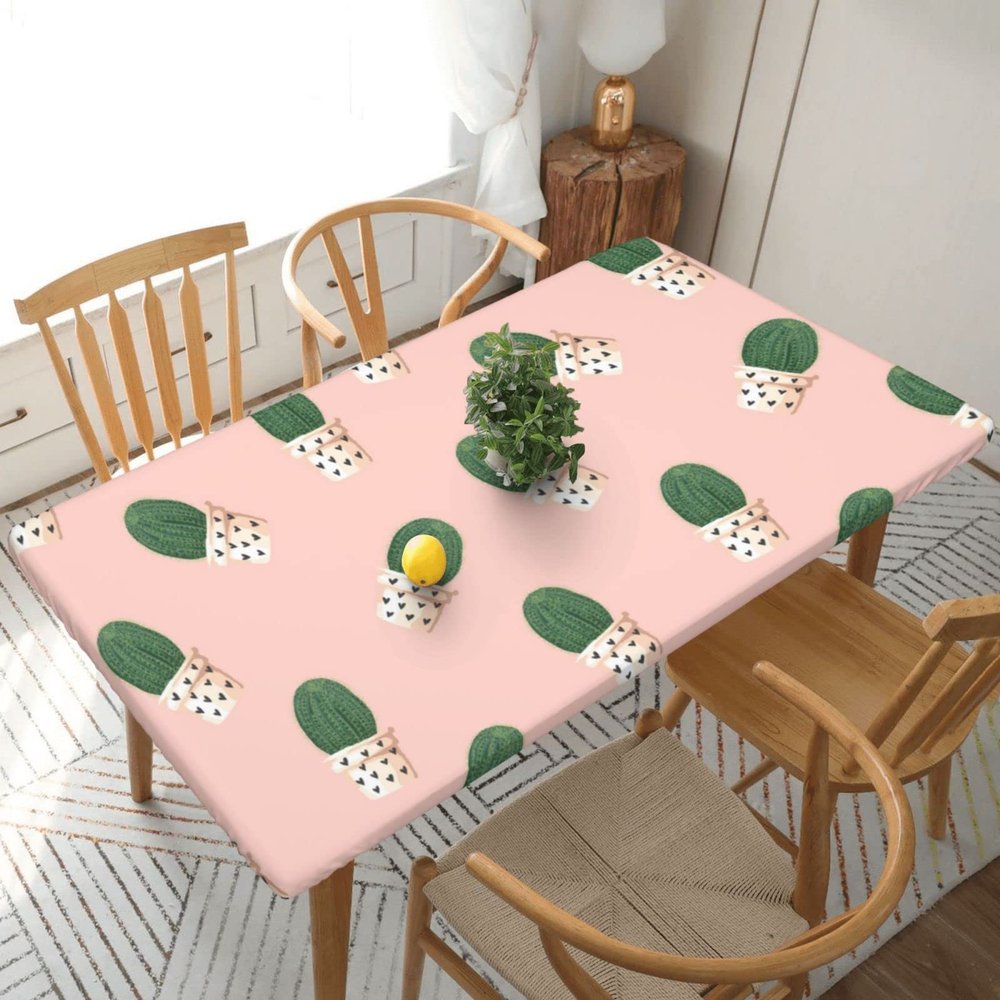 Rectangular Tablecloth with Green Cactus Floral Painting, 5 ft, Elastic Edge