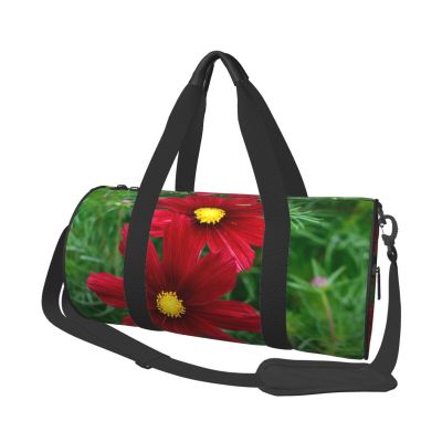 Red Flower Print Round Duffel Bag, Black, One Size