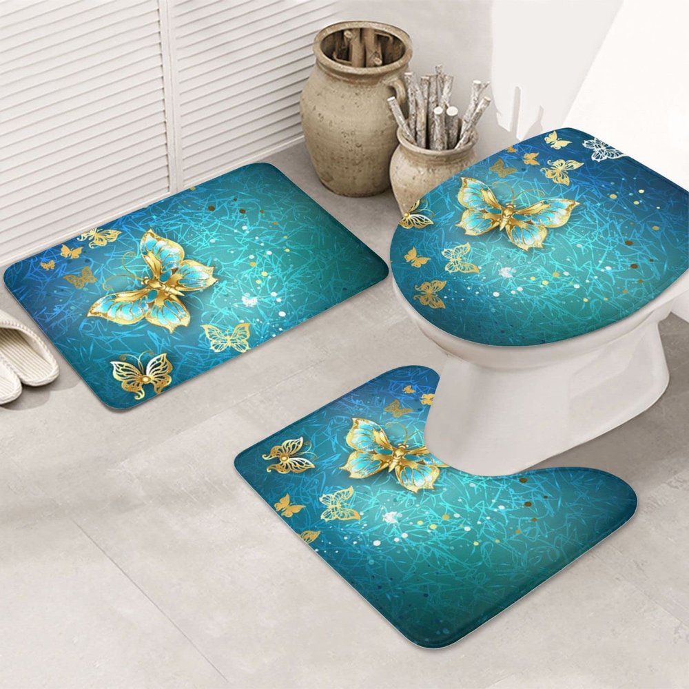 TEMKIN Non-Slip Butterfly Bathroom Rugs, Luxurious Super-Soft Flannel, 3-Piece Set