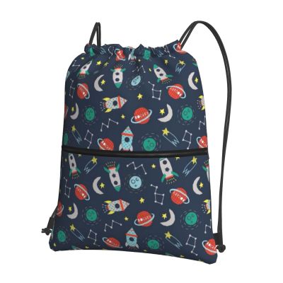 QQLADY Rocket Spaceship Drawstring Backpack, Water-Resistant String Bag for Gym, Sports and Yoga, Black, One Size