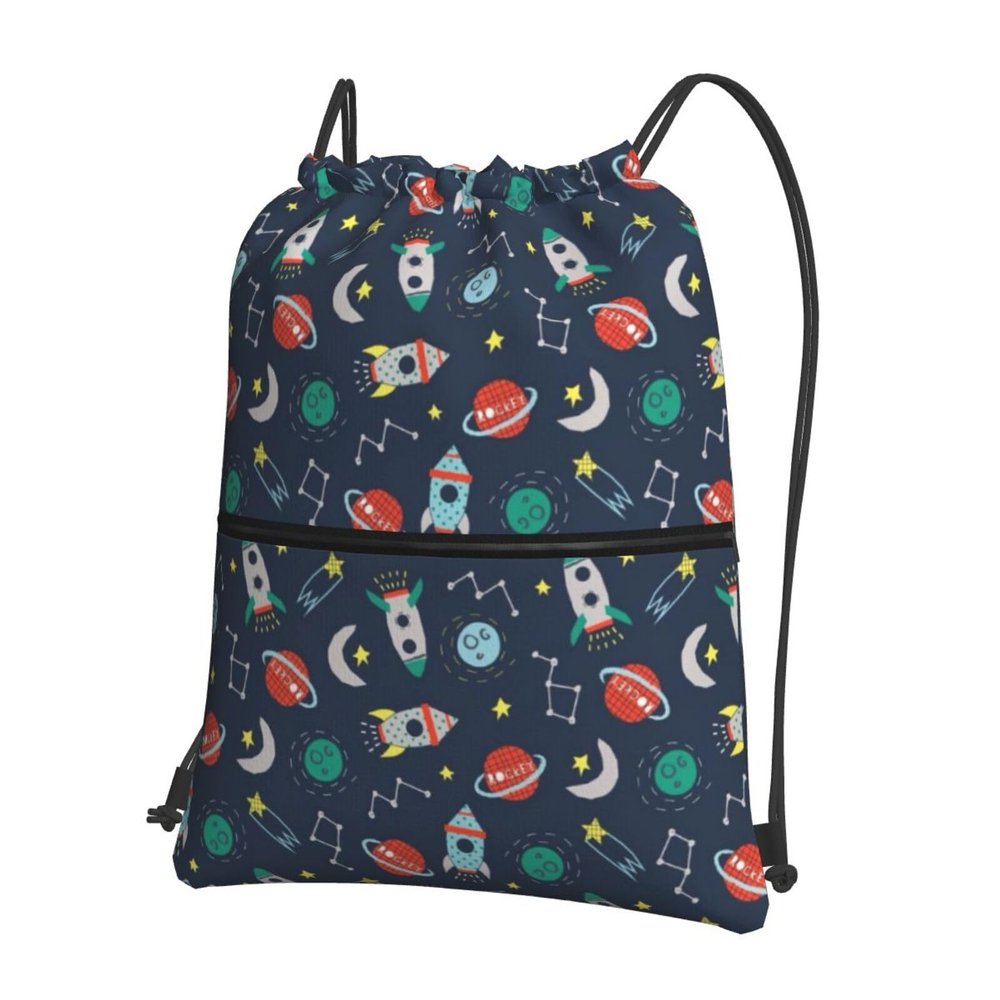 QQLADY Rocket Spaceship Drawstring Backpack, Water-Resistant String Bag for Gym, Sports and Yoga, Black, One Size